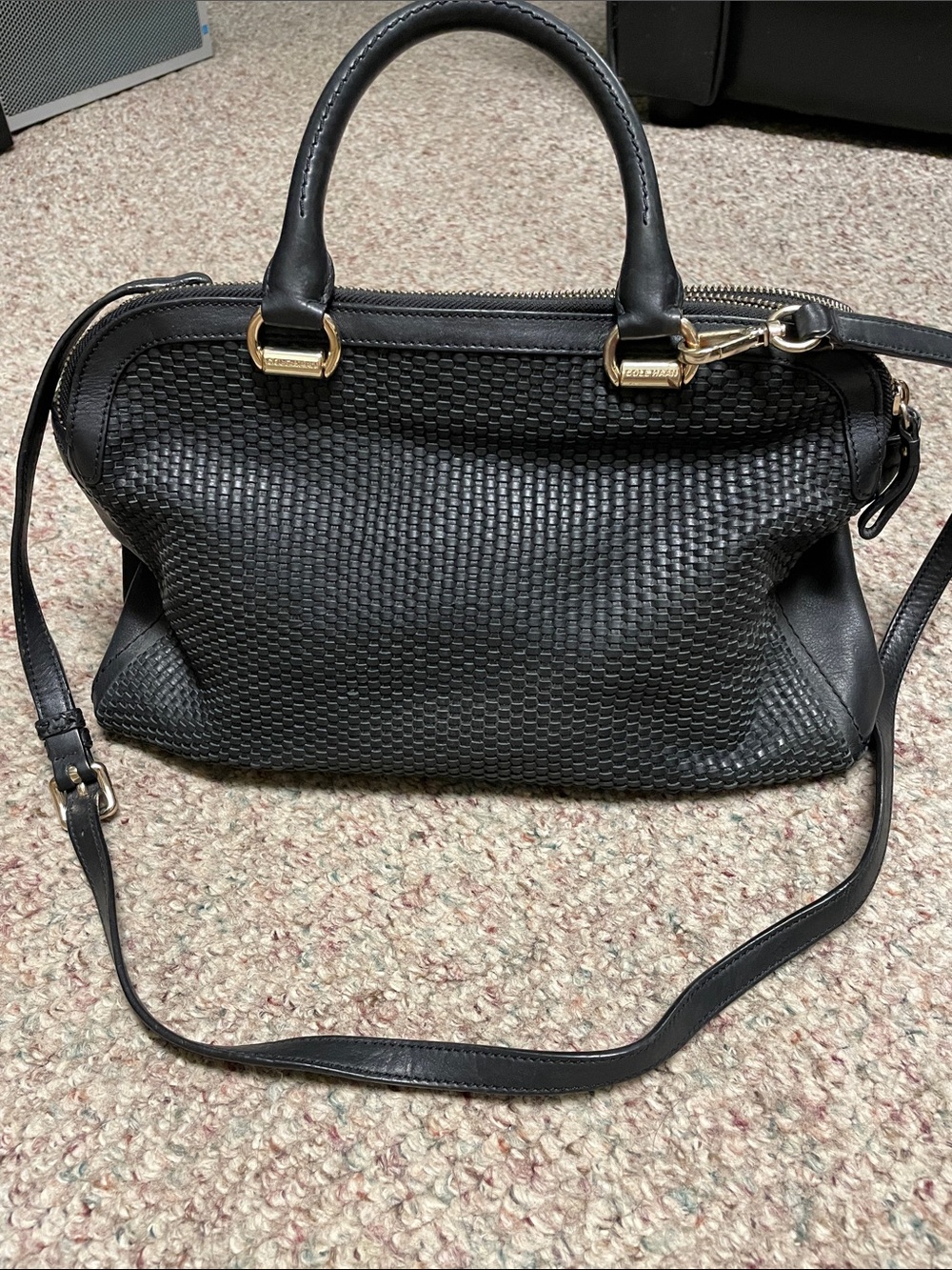 Cole haan Black Leather Woven Satchel with Removable crossbody Strap